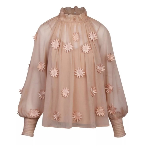 French Connection Aziza Peach Long Sleeve Flower Applique Sheer Top Size Small - Picture 1 of 17